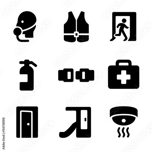 Flight Safety Icons. Solid, filled icon set of flight safety features: oxygen mask, life vest, emergency exit, fire extinguisher,