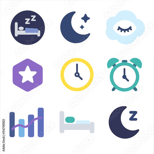 Sleep Tracking Icons. Flat icon set of sleep tracking details: total sleep hours, deep sleep stage, REM stage, light sleep stage,