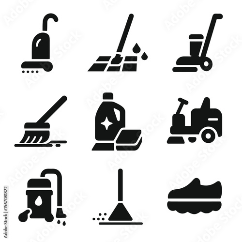 Floor Cleaning Icons. Solid, filled icon set of floor cleaning types: carpet vacuum, tile mop, floor waxing, grout brush, hardwood