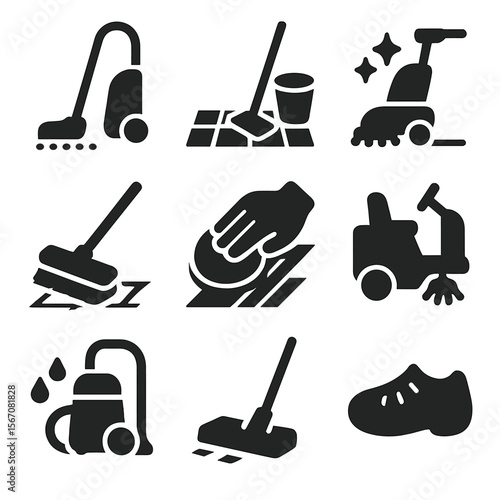 Floor Cleaning Icons. Solid, filled icon set of floor cleaning types: carpet vacuum, tile mop, floor waxing, grout brush, hardwood
