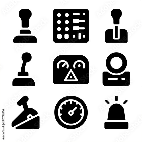 Heavy Machinery Icons. Solid, filled icon set of heavy machinery controls: joystick, control panel, gear shift, lever, dashboard,