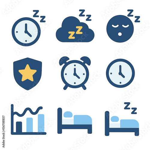 Sleep Tracking Icons. Flat icon set of sleep tracking details: total sleep hours, deep sleep stage, REM stage, light sleep stage,