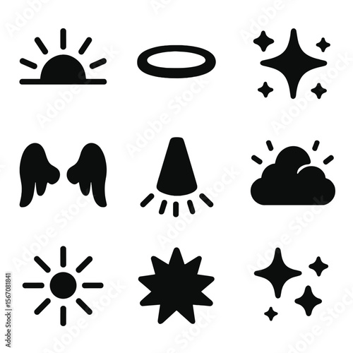 Heavenly Light Icons. Solid, filled icon set of heavenly light: sun rays, glowing halo, shining star, angel wings, divine beam,