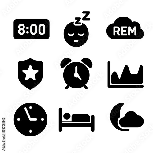 Sleep Tracking Icons. Solid, Filled icon set of sleep tracking details: total sleep hours, deep sleep stage, REM stage, light