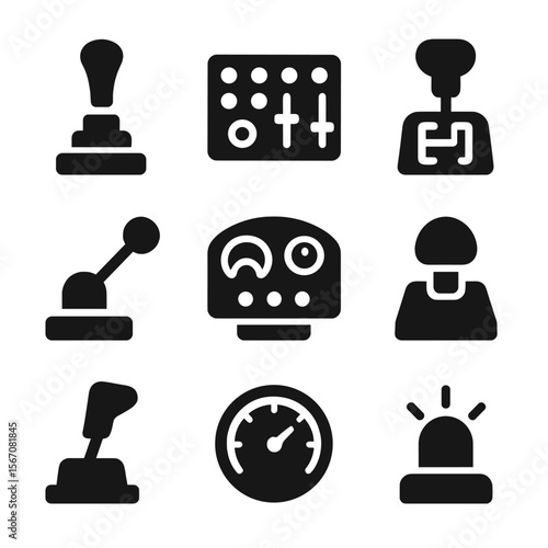 Heavy Machinery Icons. Solid, filled icon set of heavy machinery controls: joystick, control panel, gear shift, lever, dashboard,
