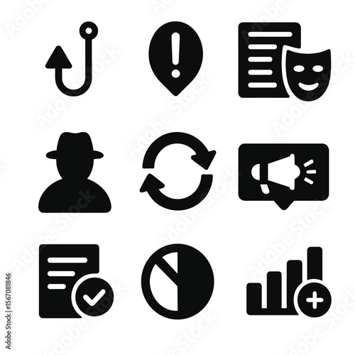 Fake News Icon Set. Solid, filled icon set of fake news creation signals: trending bait, hoax icon, satirical article, anonymous