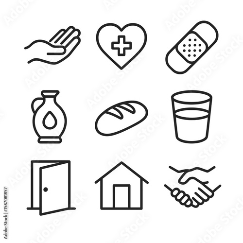 Compassion Icon Set. Outline icon set of compassion and service: helping hand, heart with cross, bandage, oil jar, loaf of bread,