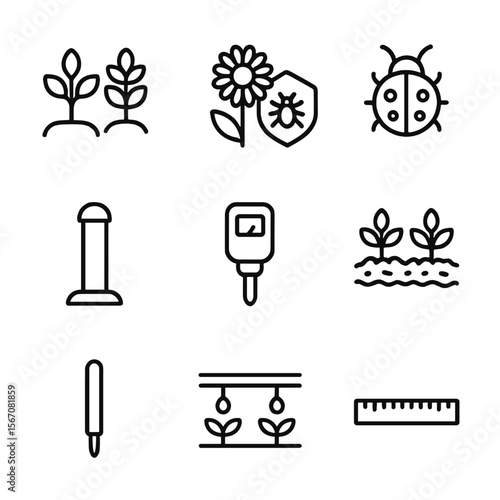 Companion Planting Icons. Outline icon set of companion planting rows: plant pair silhouettes, insect-repellent flower, beneficial