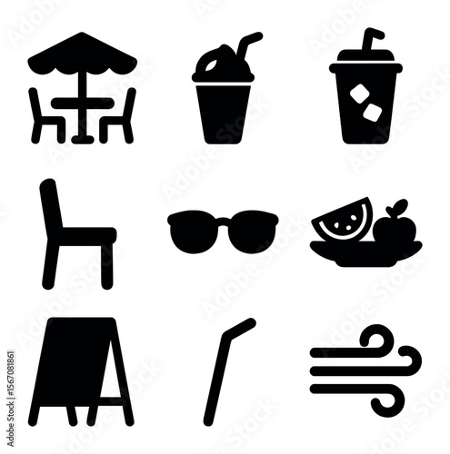 Beachside Cafe Icons. Solid, filled icons set of beachside cafe: umbrella table, smoothie, iced coffee, chair,