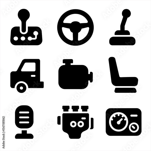 Heavy Vehicle Icon Set. Solid, filled icon set of heavy vehicle operation: gear shift, wheel icon, hydraulic lever, vehicle cab,