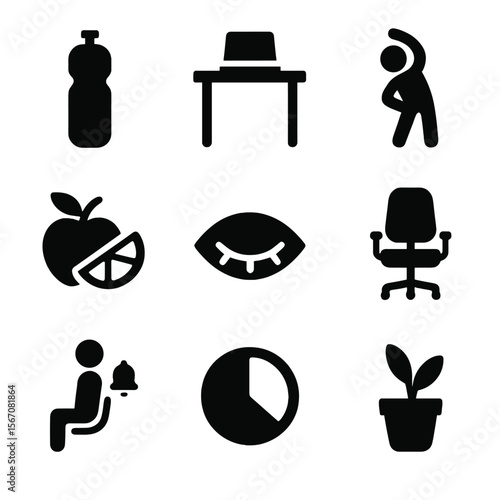 Healthy Workspace Icons. Solid, filled icon set of healthy workspace habits: water bottle, standing desk, stretching figure,