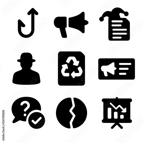 Fake News Icon Set. Solid, filled icon set of fake news creation signals: trending bait, hoax icon, satirical article, anonymous