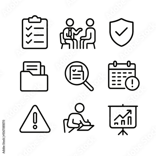 Compliance Icons Grid. Outline icon set of compliance advisory meetings: compliance checklist clipboard, lawyer explaining