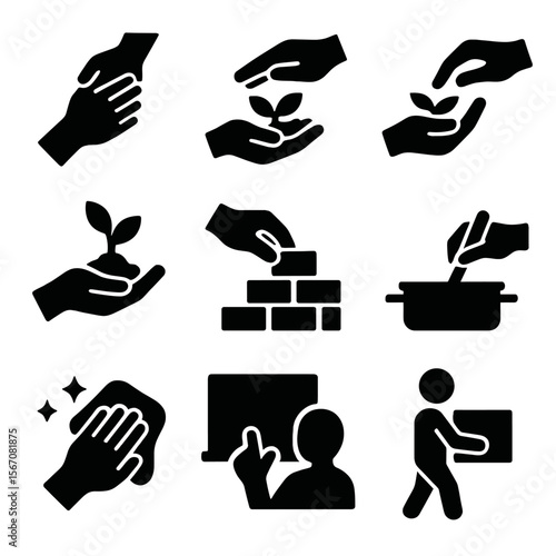 Helping Hands Icons. Solid, filled icon set of helping and volunteering: hand lifting another, hands giving, hands receiving,