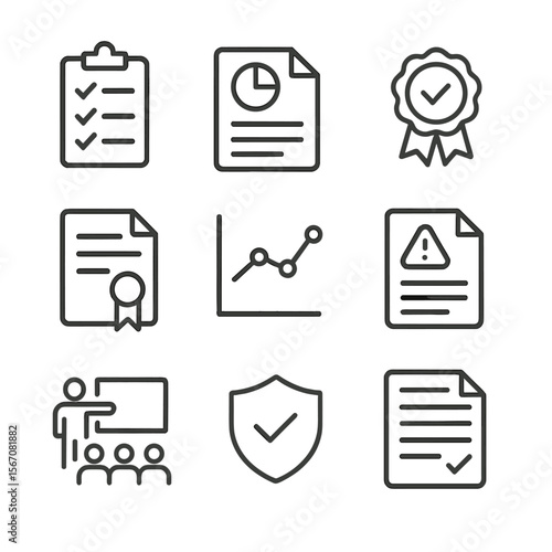 Compliance Icon Set. Outline icon set of regulatory compliance and quality assurance: compliance checklist clipboard, audit report