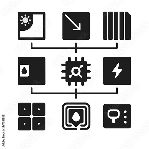 Smart Building Materials Icons. Solid, Filled icon set of connected building materials: smart glass pane, solar window,