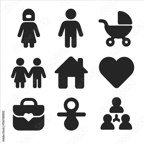 Family Icon Set. Solid, filled icon set of parents and family: mother, father, baby stroller, holding hands, family house, heart,