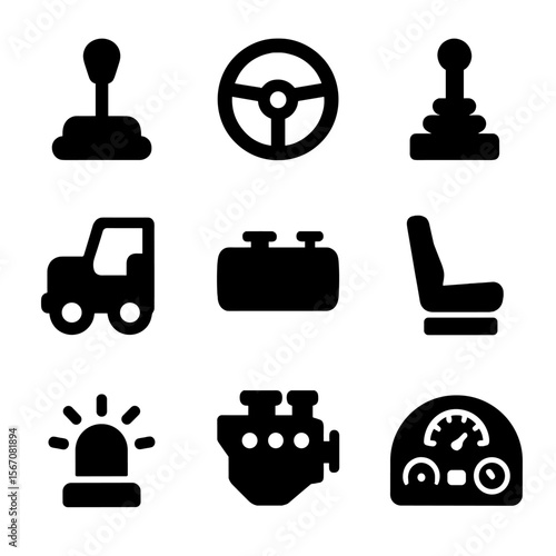 Heavy Vehicle Icon Set. Solid, filled icon set of heavy vehicle operation: gear shift, wheel icon, hydraulic lever, vehicle cab,