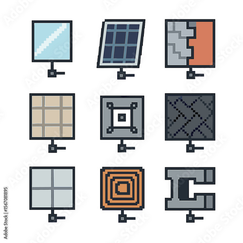Smart Building Icons. Pixel art icon set of connected building materials: smart glass pane, solar window, thermochromic facade,