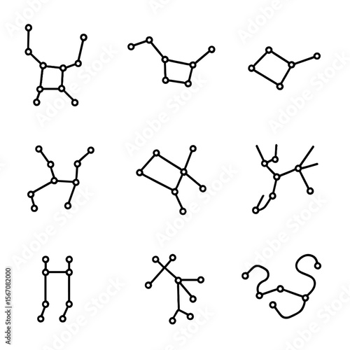 Constellation Icon Grid. Outline icon set of constellation overlay features: Orion constellation, Ursa Major constellation,
