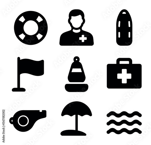 Water Safety Icons. Solid, filled icons set of water safety: life ring, lifeguard icon, rescue board, flag