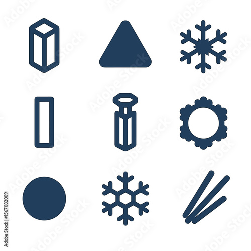 Snow Crystal Icons. Flat icon set of ice crystal structures: hexagonal prism, triangular plate, stellar dendrite, column crystal,