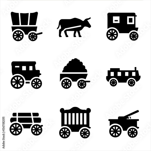Historic Wagon Icon Set. Solid, filled icon set of historic wagons: pioneer wagon, ox cart, chuck wagon, stagecoach, hay wagon,