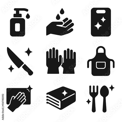 Food Hygiene Icons. Solid, filled icon set of food preparation hygiene: soap dispenser, handwashing, clean cutting board, clean
