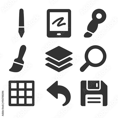 Digital Art Tool Icons. Solid, filled icons set of digital art tools: stylus pen, tablet screen, color picker,