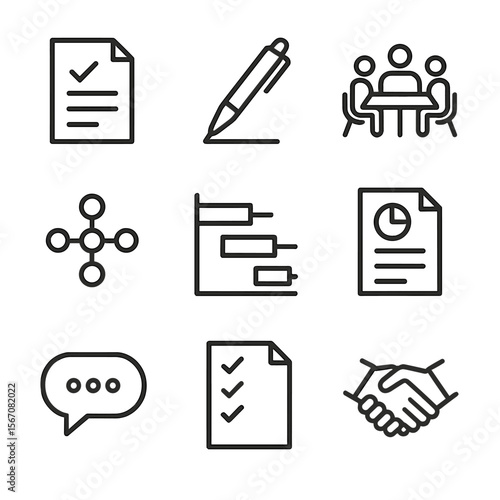 Consulting Process Icons. Outline icon set of consulting engagement lifecycle: proposal document, contract signing pen, kickoff