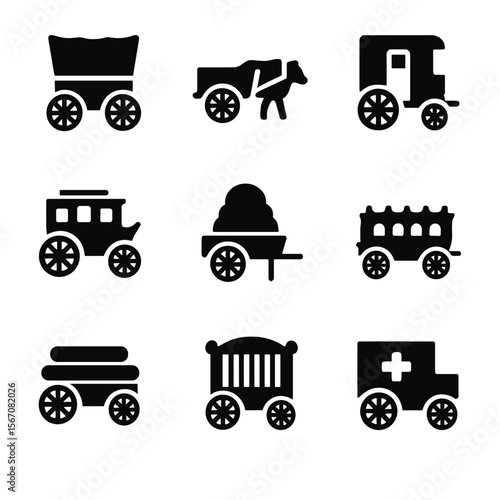 Historic Wagon Icon Set. Solid, filled icon set of historic wagons: pioneer wagon, ox cart, chuck wagon, stagecoach, hay wagon,