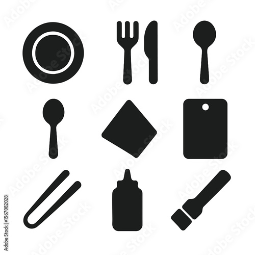 Food Plating Icons. Solid, filled icon set of food plating elements: plate, fork, knife, spoon, napkin, chopping board, food tongs