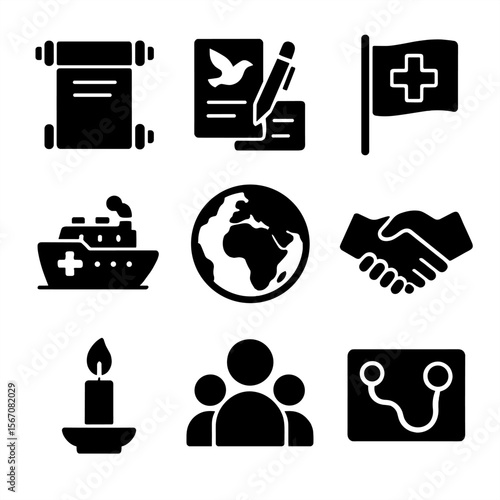 Historical Icons Grid. Solid, filled icon set of Historical humanitarian milestones: ancient scroll, peace treaty, Red Cross flag,