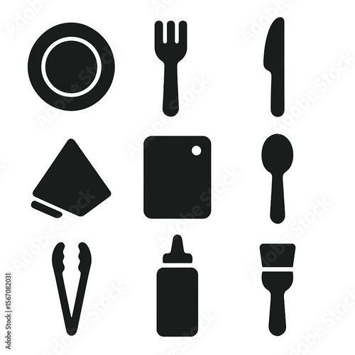 Food Plating Icons. Solid, filled icon set of food plating elements: plate, fork, knife, spoon, napkin, chopping board, food tongs
