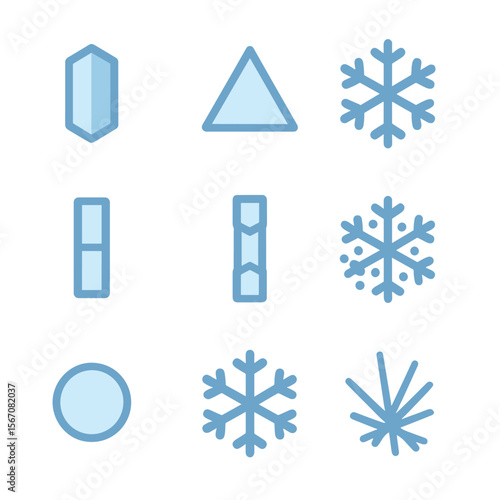 Snow Crystal Icons. Flat icon set of ice crystal structures: hexagonal prism, triangular plate, stellar dendrite, column crystal,