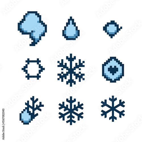 Snowflake Formation Icons. Pixel art icon set of snowflake formation process: water vapor plume, supercooled droplet, nucleation