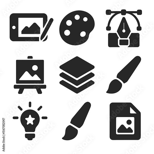 Digital Art Tools. Solid, filled icons set of creating digital art: digital tablet, stylus pen, color palette,