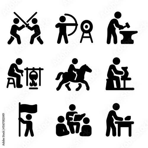 Historical Reenactment Icons. Solid, filled icon set of historical reenactment activities: sword fighting, archery practice,