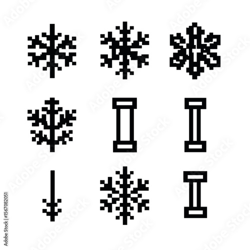 Snowflake Icon Set. Pixel art icon set of snowflake shapes: simple flake, stellar dendrite, sectored plate, fernlike crystal,