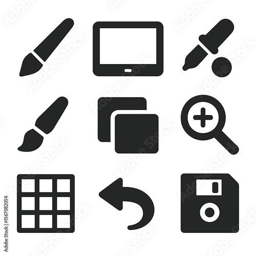 Digital Art Tool Icons. Solid, filled icons set of digital art tools: stylus pen, tablet screen, color picker,