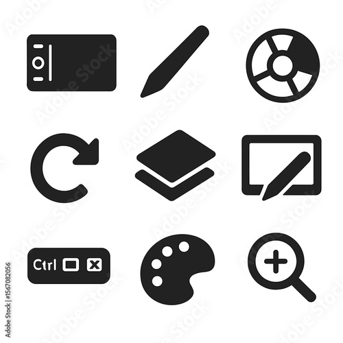 Digital Art Tools. Solid, filled icons set of digital artist’s workspace: drawing tablet, stylus pen, color