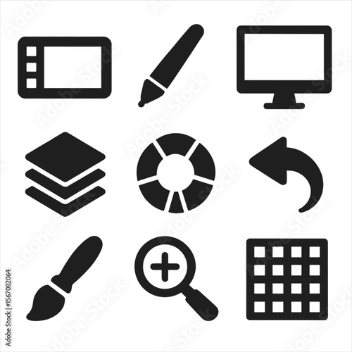 Digital Art Tools Icons. Solid, filled icons set of digital artists and their tools: drawing tablet, stylus