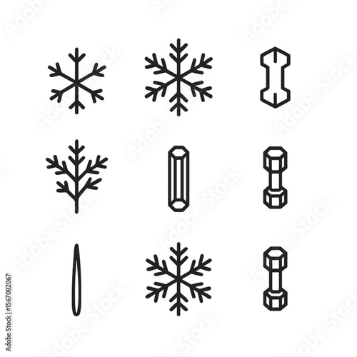 Snowflake Icon Set. Outline icon set of snowflake shapes: simple flake, stellar dendrite, sectored plate, fernlike crystal, hollow