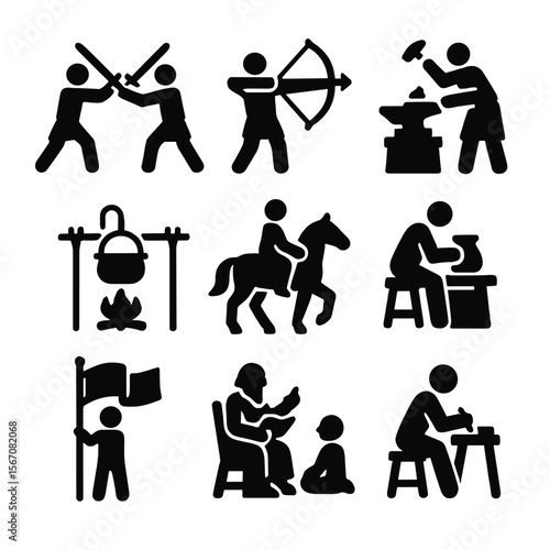 Historical Reenactment Icons. Solid, filled icon set of historical reenactment activities: sword fighting, archery practice,