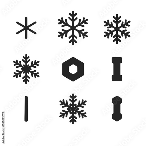 Snowflake Icon Set. Flat icon set of snowflake shapes: simple flake, stellar dendrite, sectored plate, fernlike crystal, hollow