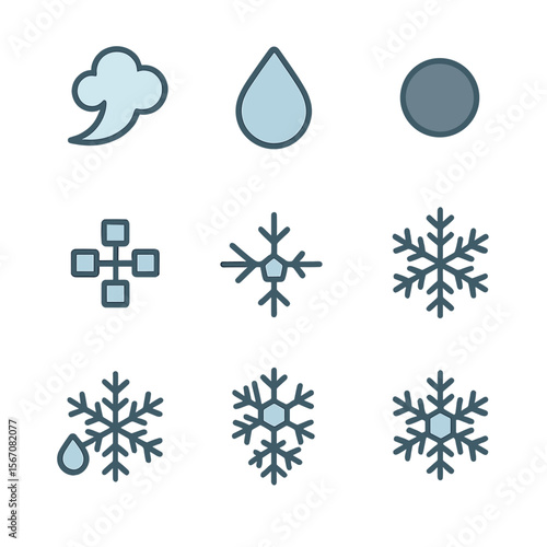 Snowflake Formation Icons. Flat icon set of snowflake formation process: water vapor plume, supercooled droplet, nucleation