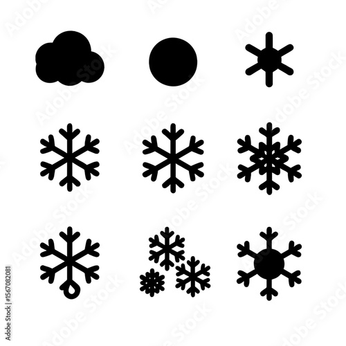 Snowflake Formation Icons. Solid, Filled icon set of snowflake formation process: water vapor plume, supercooled droplet,