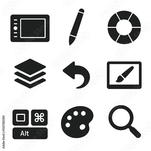 Digital Art Tools. Solid, filled icons set of digital artist’s workspace: drawing tablet, stylus pen, color