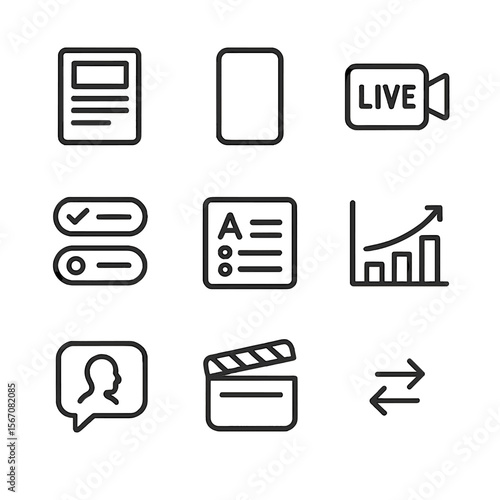 Content Format Icons. Outline icon set of content format elements: post layout, story frame, live stream camera, poll option, quiz