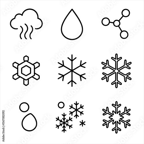 Snowflake Formation Icons. Outline icon set of snowflake formation process: water vapor plume, supercooled droplet, nucleation